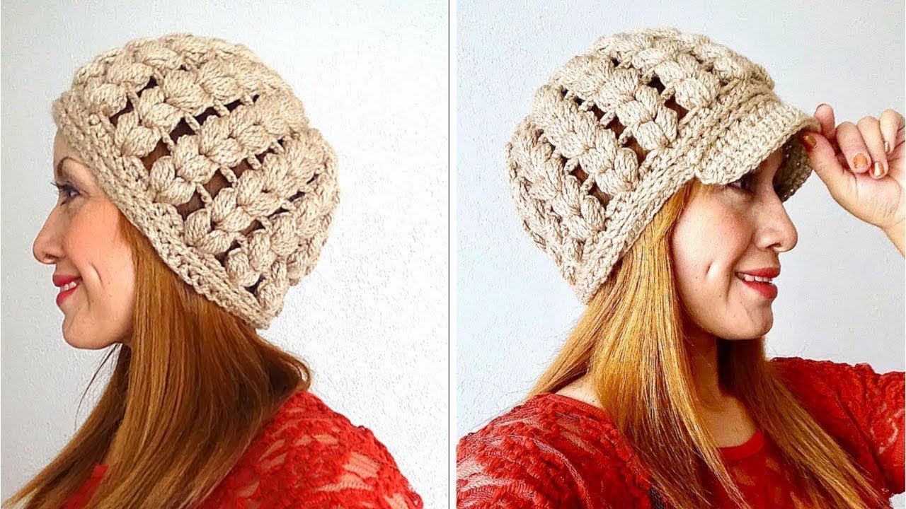 BOINA TEJIDA A CROCHET PARA DAMA CON VISERA EN PUNTO CORAZONES EN PUFF  PASO A PASO