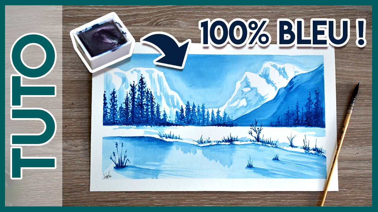Tuto aquarelle, paysage d'hiver 100% bleu, accessible débutant
