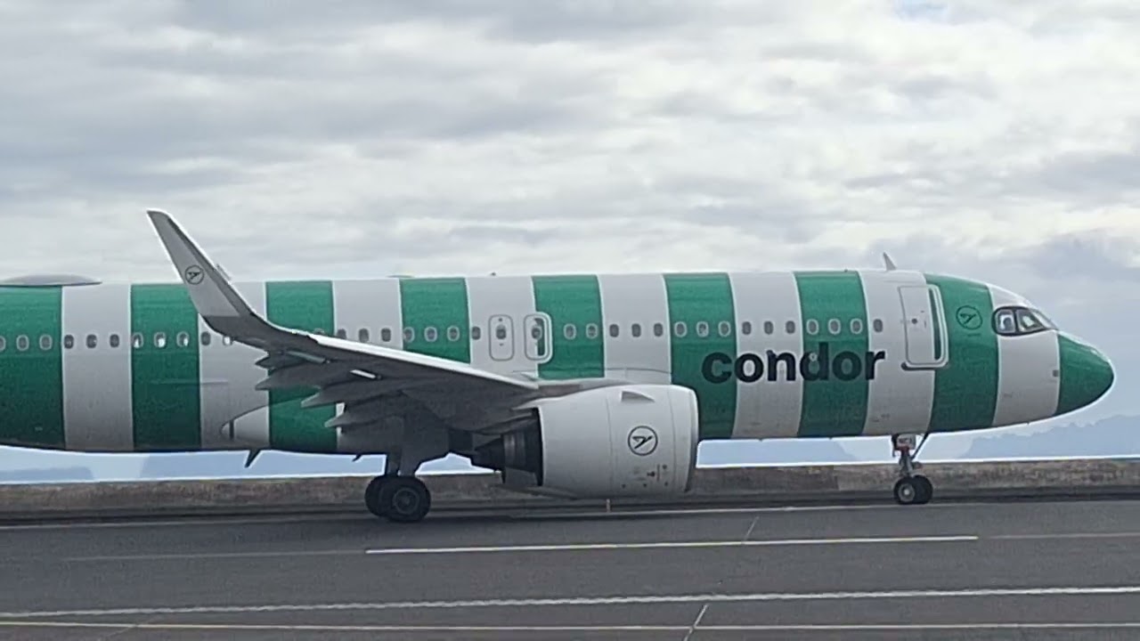 A320N Condor Green Island Livery takeoff at Madeira Airport 