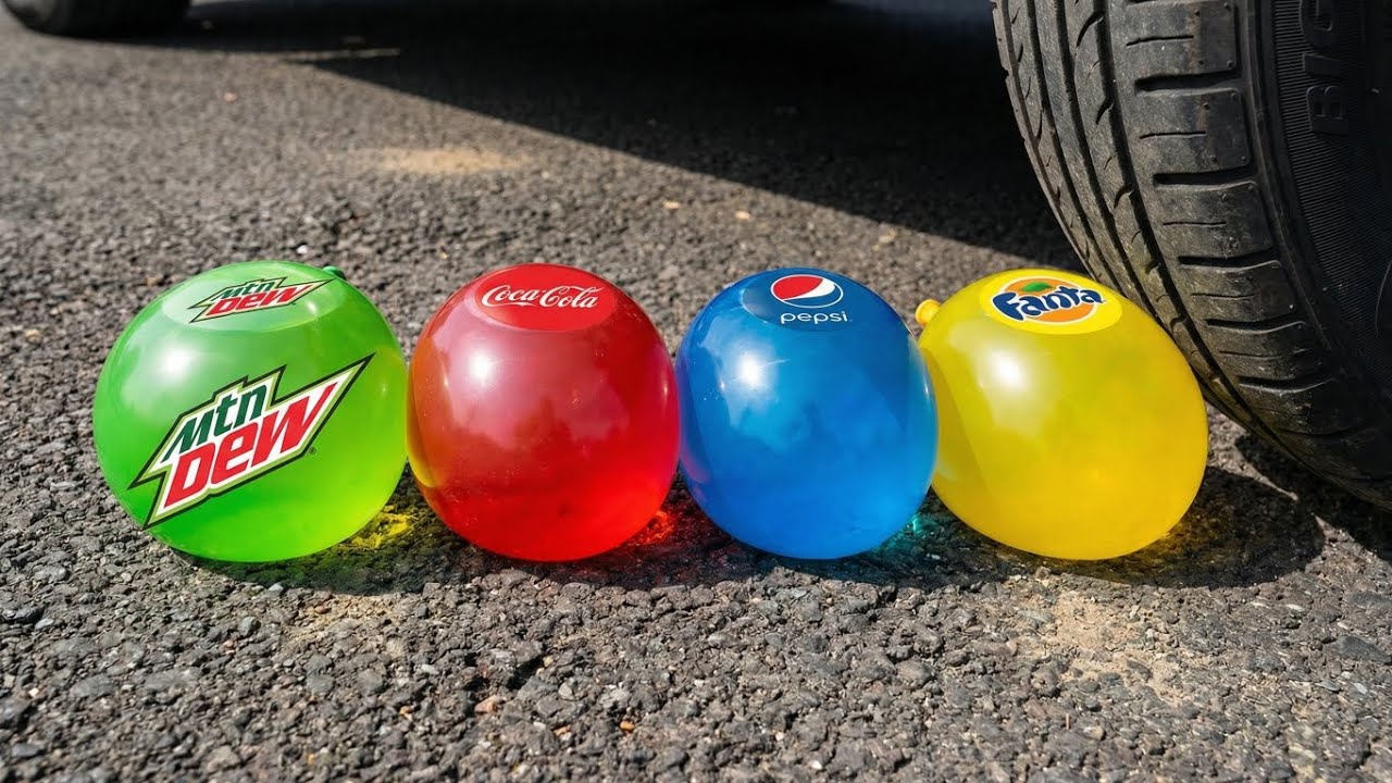 COCA COLA CANS BALLOON VS CAR,Fanta Sprite/Crushing Experiments! & Car vs Crunchy Rainbow Giant