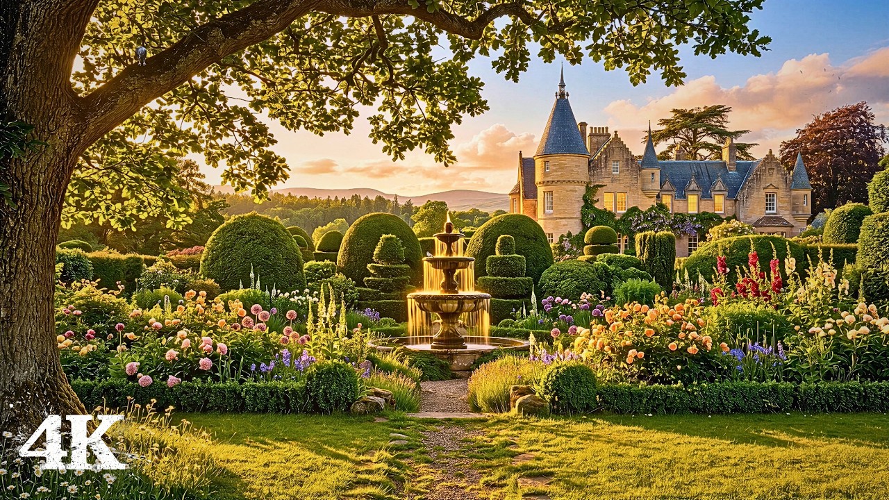 Enchanted Scottish Baronial Garden | Mend Your Tired Heart with Calming Fountain, Birds & Breeze