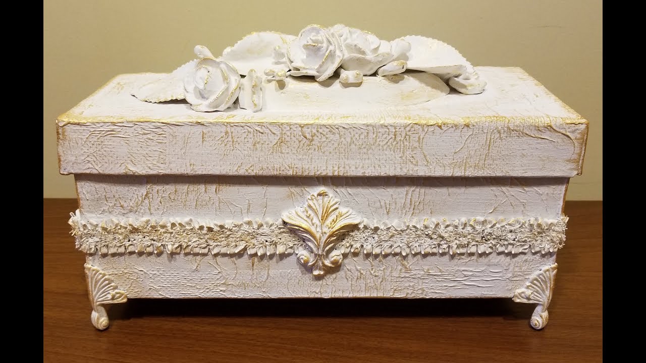 Из обувной коробки - шкатулка! Декор - гипсовые цветы. DIY.  Decor shoe box.