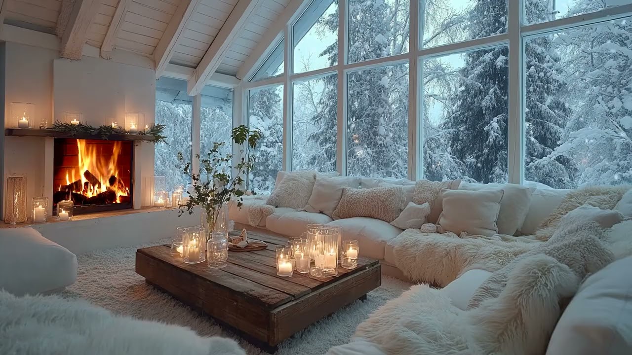 🔥🎹 White Winter Piano Lounge with Cozy Fire and Blooming Flowers for 3 Hours of Peace