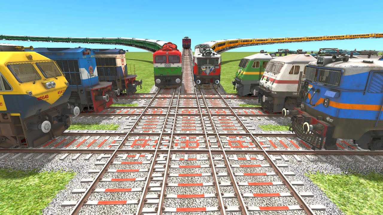 9 TRAINS COUPLING AND CROSSING ON DIAMOND BRANCHED RAILROAD TRACKS🔺indian train simulator