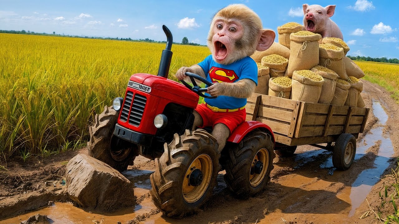 Monkey BON BON saves pig family from rain while harvesting rice with his tractor 🌾🐷