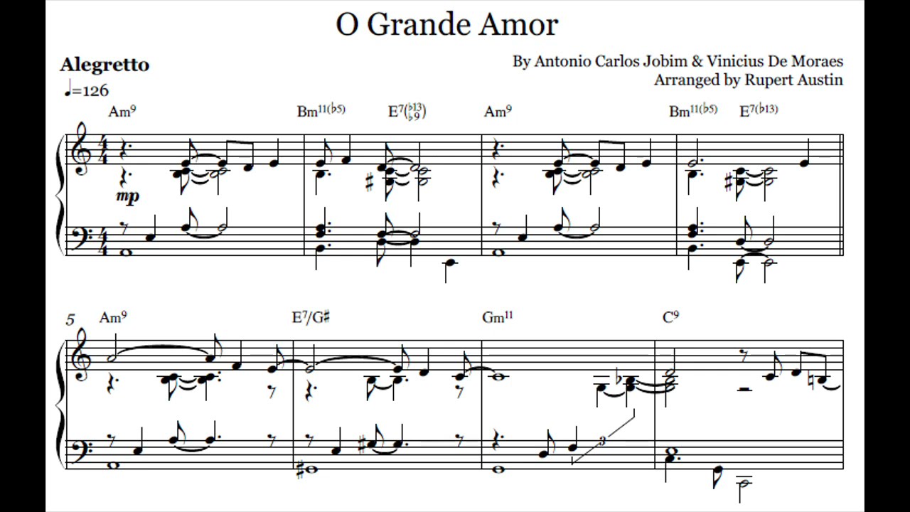 O Grande Amor. Arranged for solo piano, with music sheet