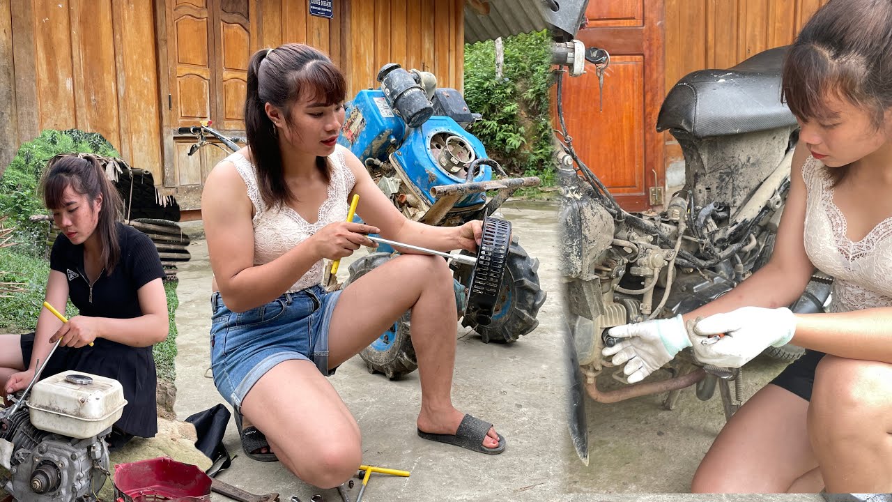 TimeLapse: Girl repairs agricultural machines, motorbikes, generators...