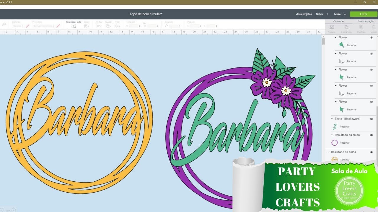 Topo de bolo circular feito no Design Space - Cricut - Sala de Aula em Português