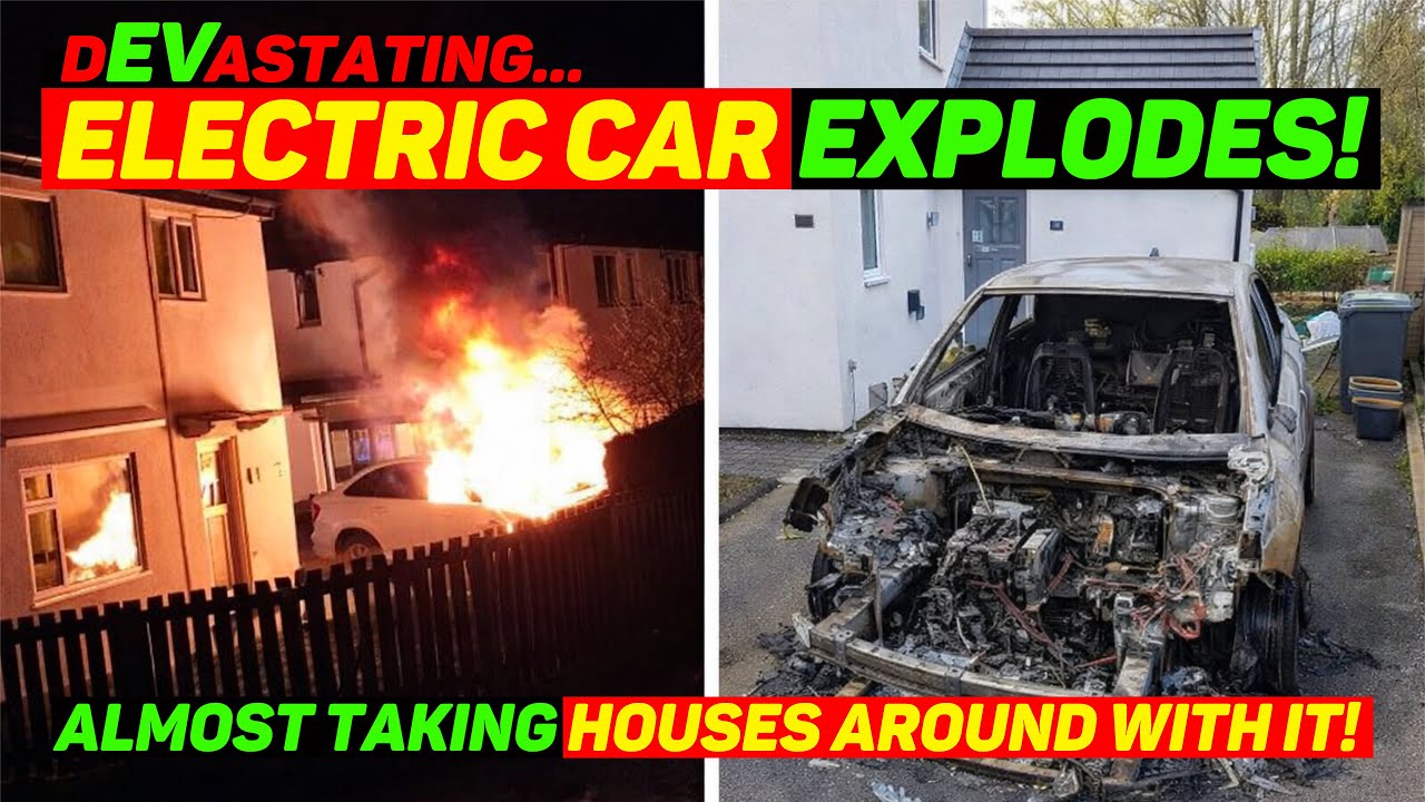 ELECTRIC CAR EXPLODES and BURSTS INTO FLAMES on DRIVEWAY leaving DEVASTATION for SURROUNDING HOUSES!