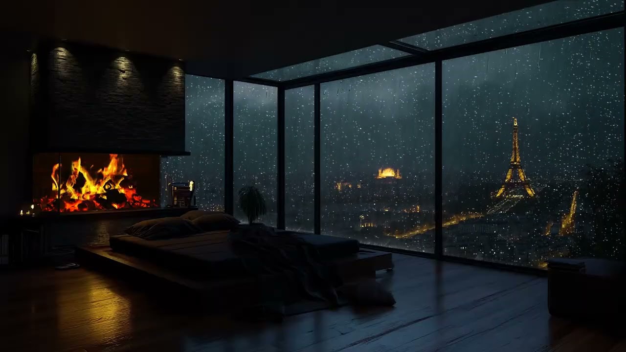 (No Ads) Paris Rainy Night Ambience 🌧️ Cozy Fireplace & Soft Rain for Deep Sleep, Relax & Study