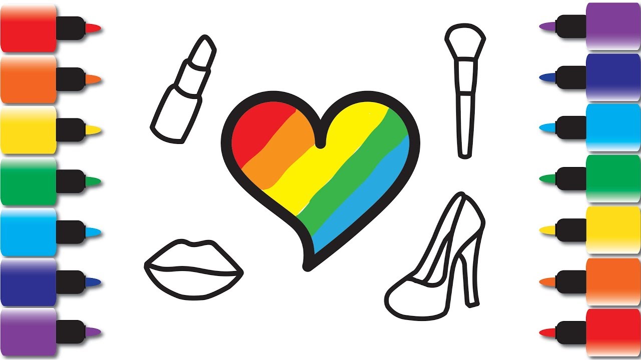 How to Draw hearts, Lipstic, shoes, brush , Drawing and Colouring video fun