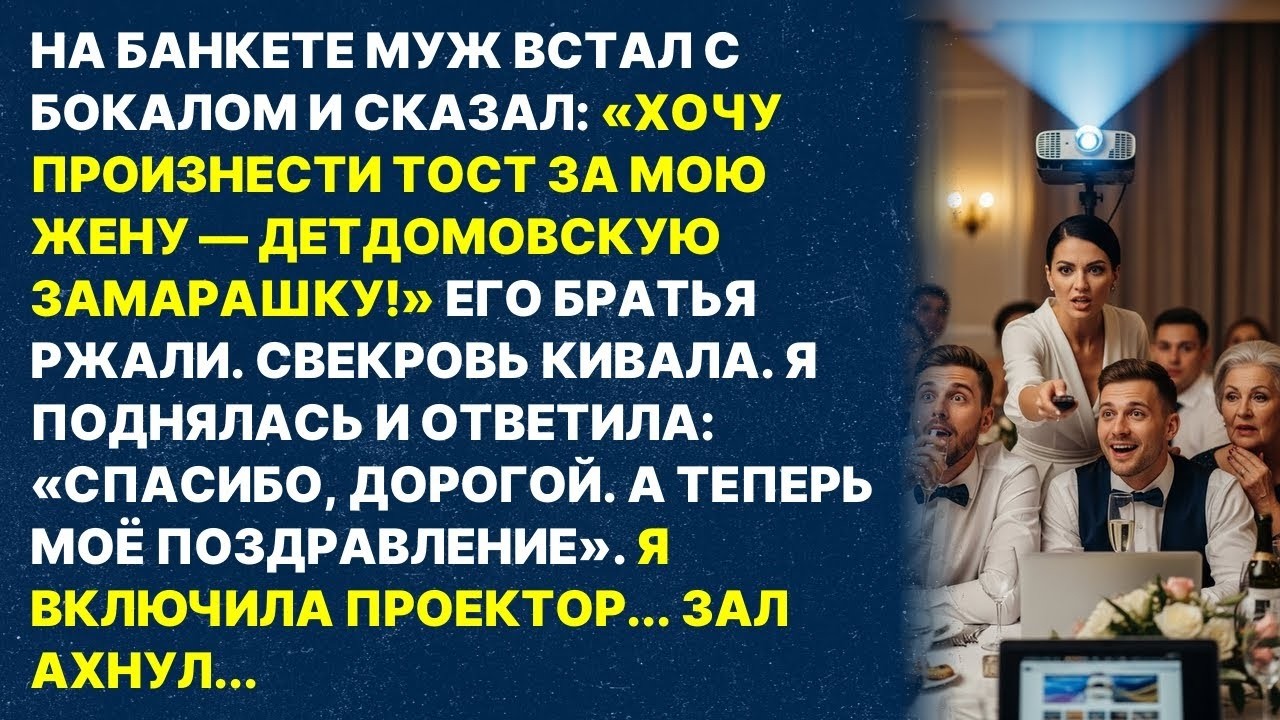 Муж унизил меня на банкете назвав детдомовской замарашкой, но то что я ему показала на проекторе