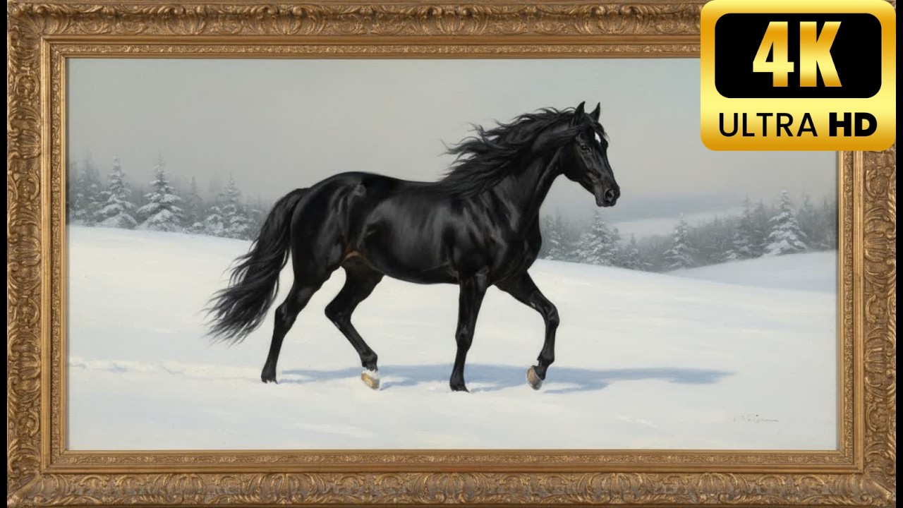 لوحة فنية للشاشة التلفاز حصان أسود في الشتاء -  TV screen (4K Quality) | gold frame