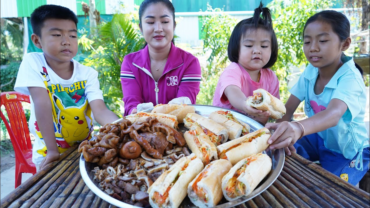 Yummy Cambodia Sandwich cooking at home - Mother and children cooking
