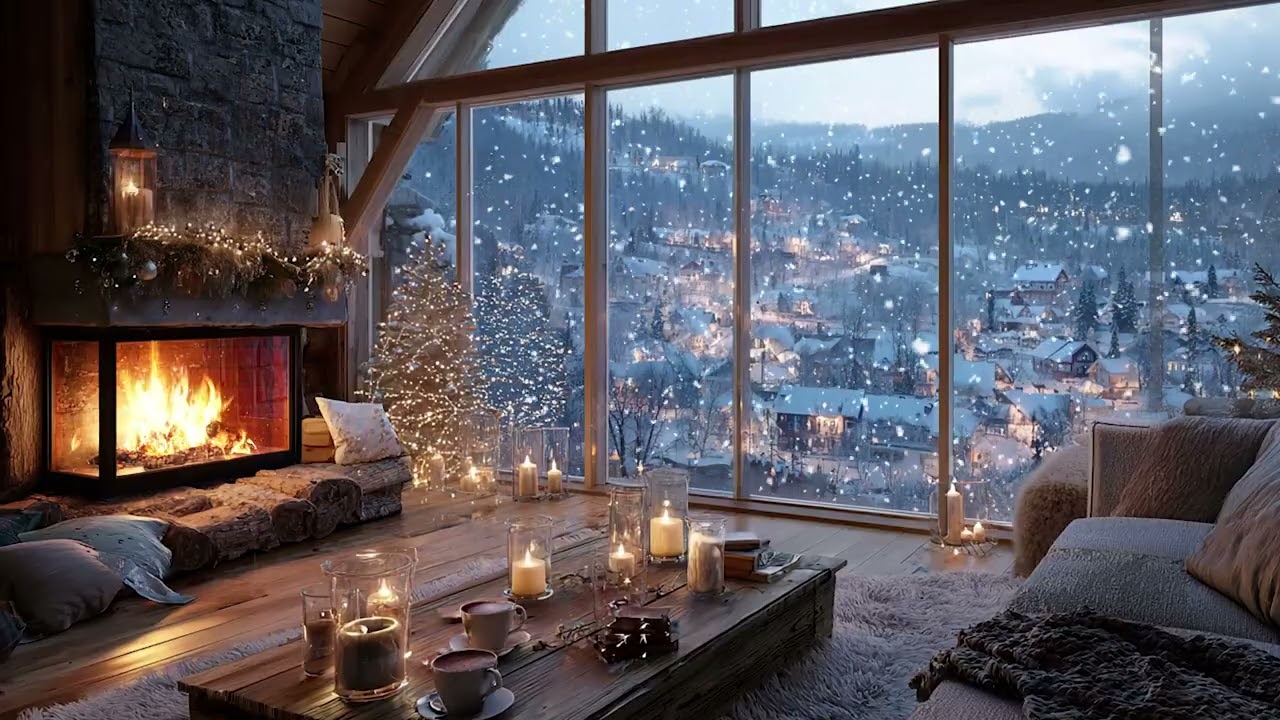 Tranquil Cabin Night Piano Ambience | Soft Snow Storm and Cozy Firelight