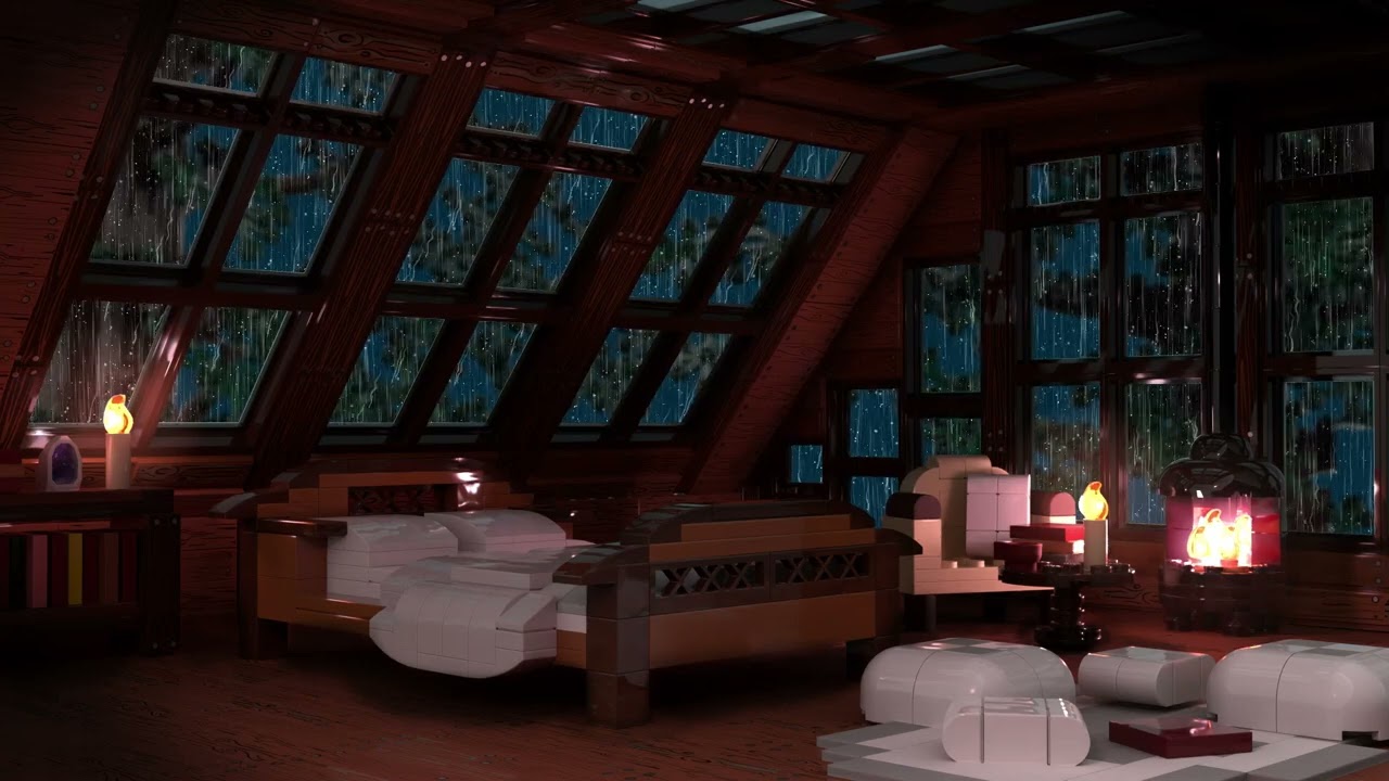 💤[LEGO] Cozy Cabin with Rain and Fireplace Sounds to Sleep or Relax, 12 Hours