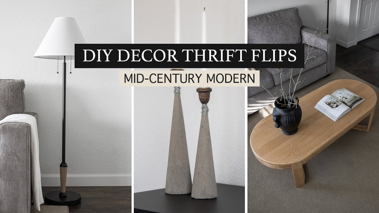 Goodwill DIY Thrift Flip Decor | cement candle holder | mid-century lamp | modern oak coffee table
