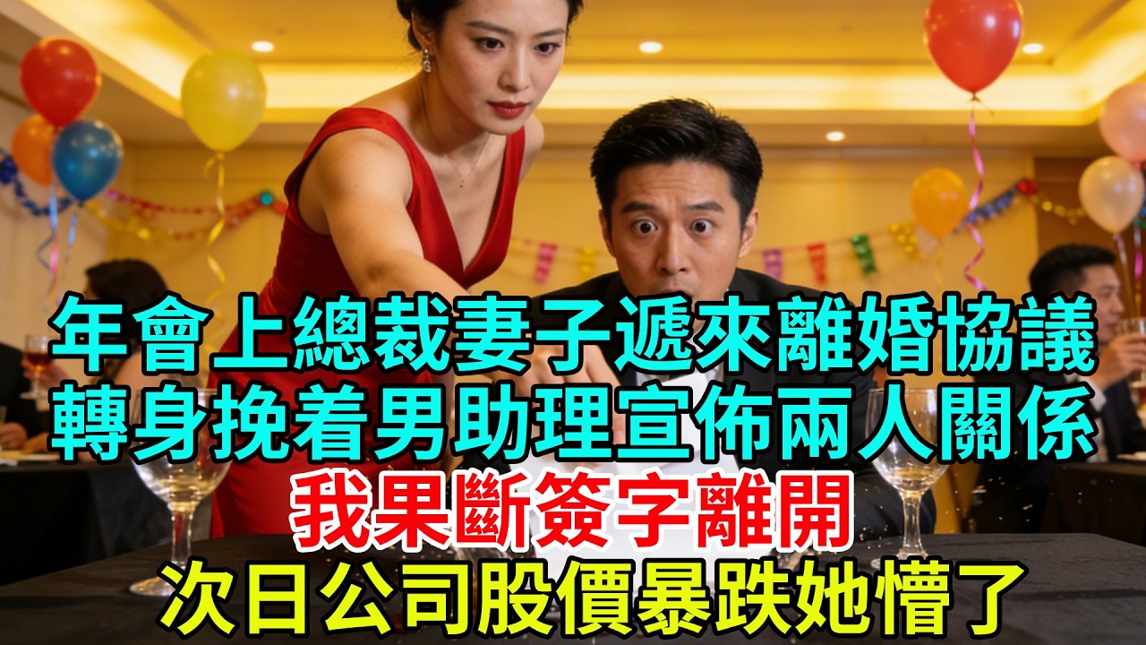 公司年會上總裁妻子當眾遞來離婚協議，轉身挽着男助理宣佈兩人關係，我果斷簽字離開，次日公司股價暴跌她懵了#故事頻道#故事#情感故事