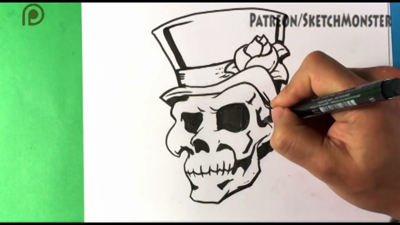How to Draw a Skull with Top hat and Rose - Draw Tattoo Art - Skull Drawings Step by Step Beginners