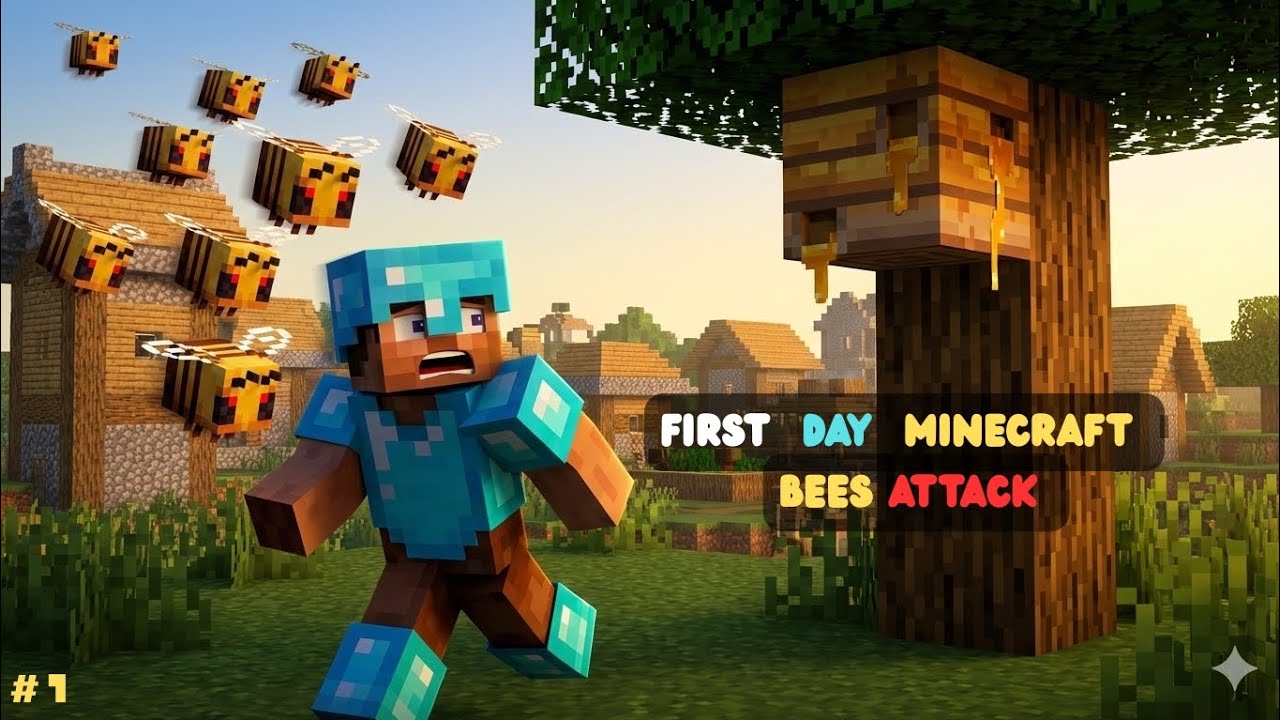 My minecraft first day but BEES ATTACK me 😥minecraft new video 