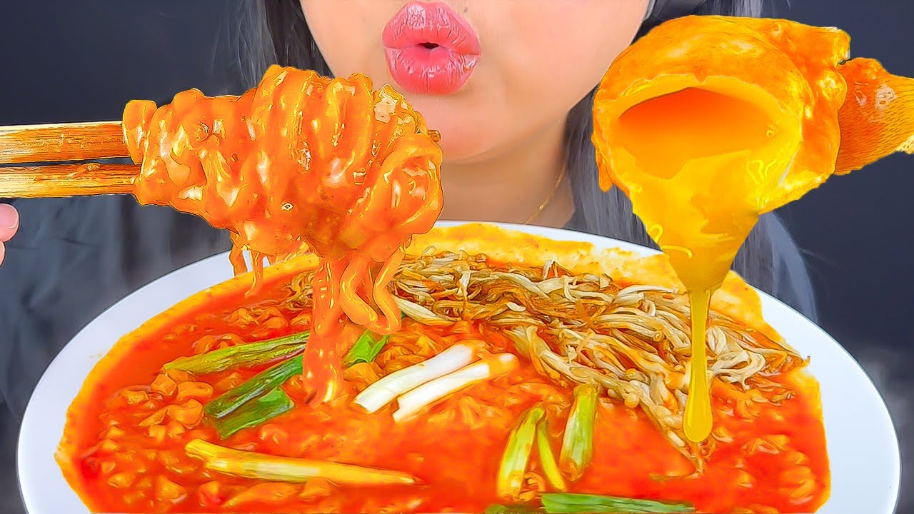 ASMR SPICY NOODLES, FRIED ENOKI MUSHROOMS, SOFT BOILED EGG DRENCHED IN THICK SPICY SAUCE