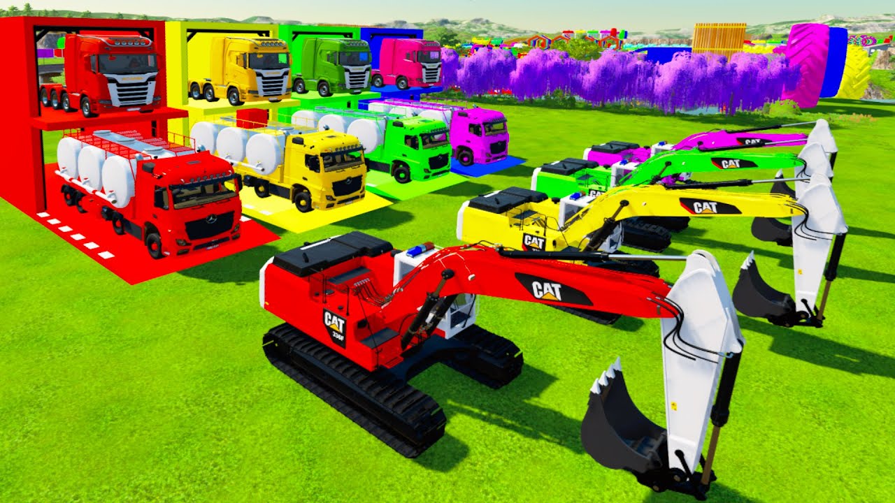 Garage With Color - ALL COLORFUL CAT EXCAVATOR, MERCEDES TANKER TRUCK TO COLORFUL GARAGE WITH TRUCK
