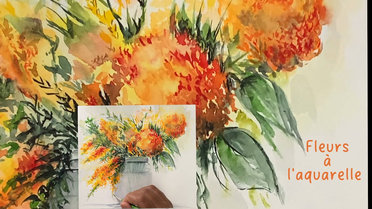 Tuto aquarelle/Fleurs d'automne dans un vase à l'aquarelle🌻