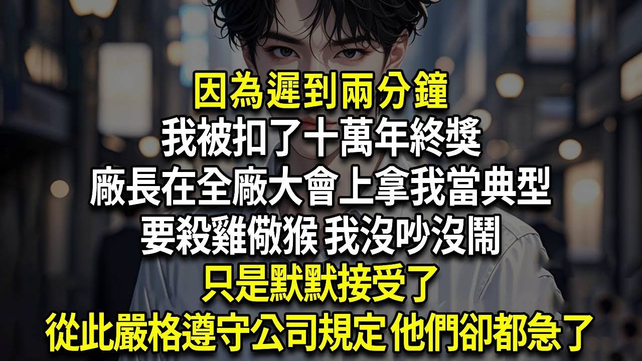 因為遲到兩分鐘，我被扣了十萬年終獎，廠長在全廠大會上拿我當典型，要殺雞儆猴 我沒吵沒鬧只是默默接受了， 從此嚴格遵守公司規定 他們卻都急了