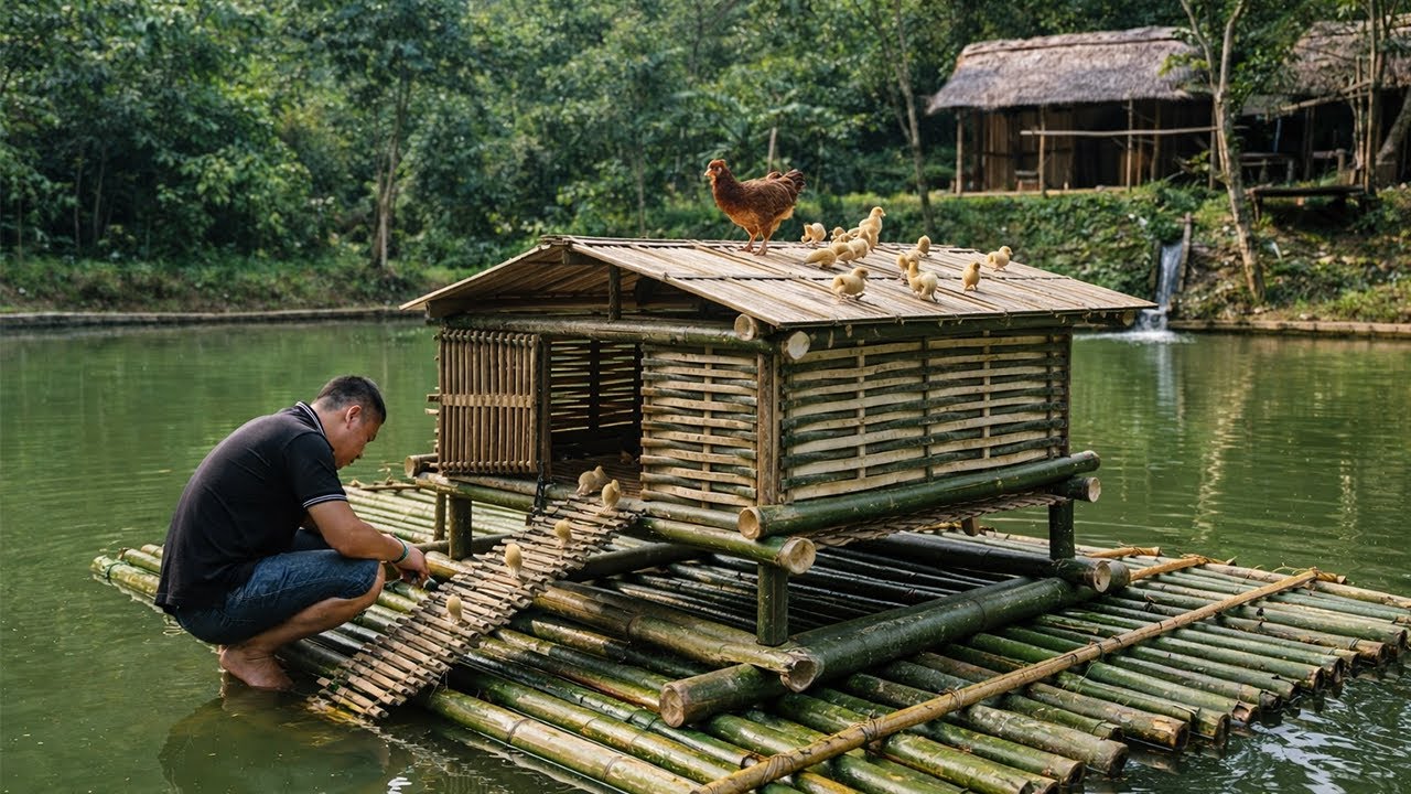 Built Bamboo Chicken House on a Raft Floating on My Pond