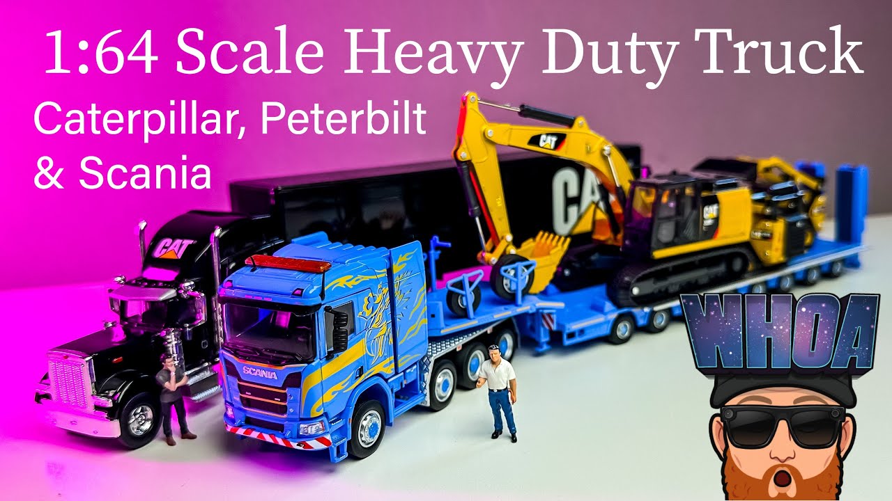 Тяжелый грузовик Scania 1:64 с Caterpillar и Peterbilt от Massdi и DM - JD Show 47 #164scale