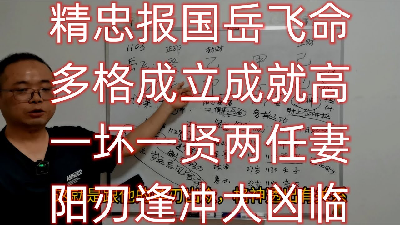 精忠报国岳飞命，多格成立成就高，一坏一贤两任妻，阳刃逢冲大凶临