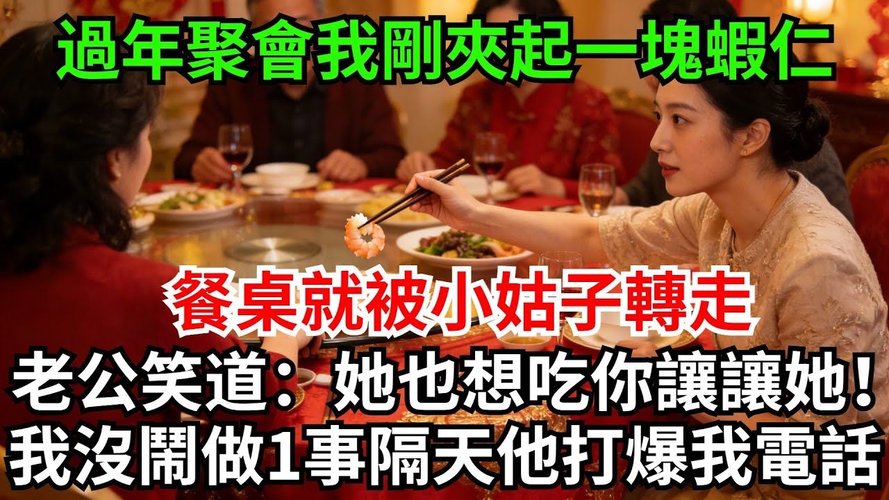 過年聚會我剛夾起一塊蝦仁，餐桌就被小姑子轉走，老公笑道：她也想吃你讓讓她！我沒鬧做1事，隔天他打爆我的電話：老婆我怎麽進不去家門了!#完結故事#情感故事#爽文#婆媳關系#家庭生活#故事頻道#故事分享