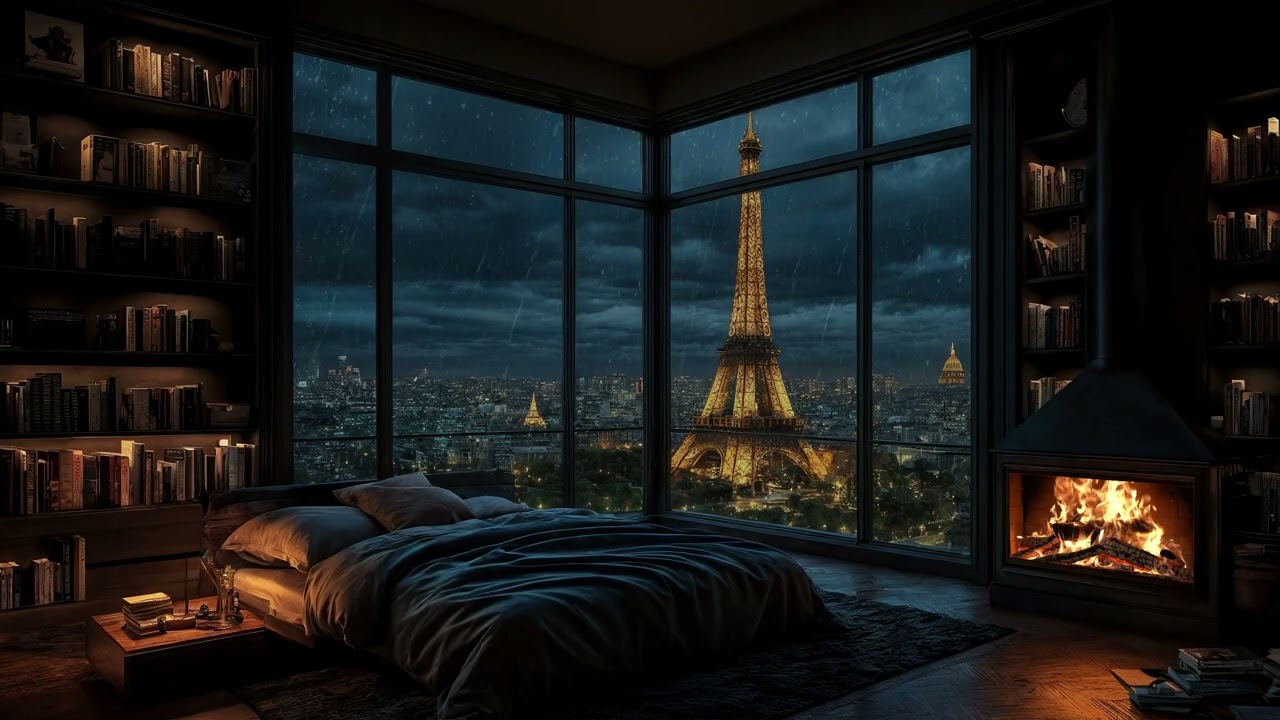 Moody Rainy City Night with Fireplace Glow – Relaxing Indoor Ambience for Deep Sleep
