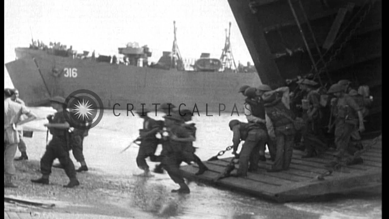 British soldiers and army vehicles landing at the sea shores in Salerno, Italy. HD Stock Footage