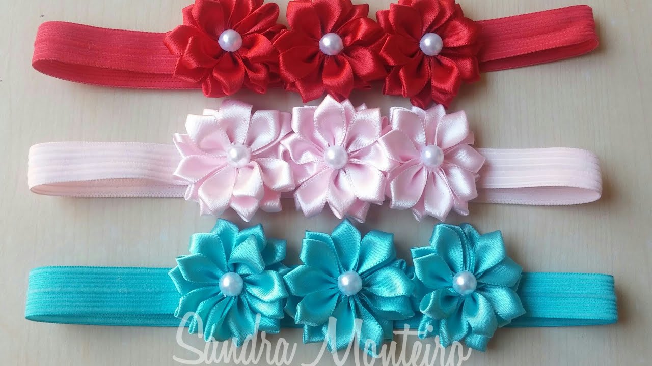 DIY: TIARA DE ELÁSTICO COM FLORES FEITA NA FITA DE CETIM NÚMERO 2, PARA INICIANTES, SANDRA MONTEIRO