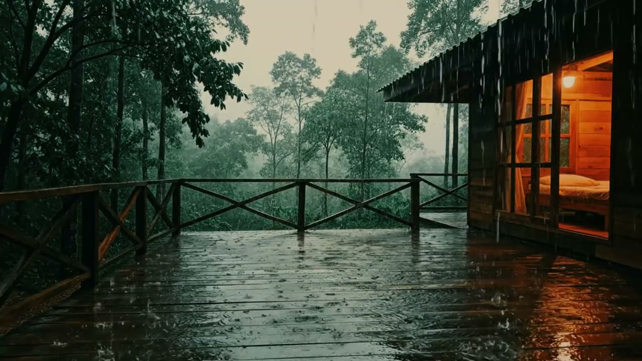 Tropical Rainstorm Outside a Cabin | Calm Rain ASMR #rainsounds #rainforest #ambience