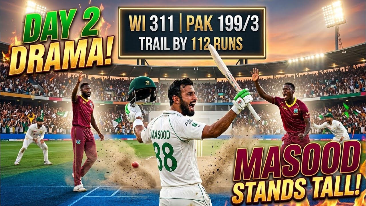 Pakistan Fight Back! 🇵🇰 Shan Masood's Unbeaten 88 Keeps 1st Test Alive | WI vs PAK Day 2 Highlights🔥