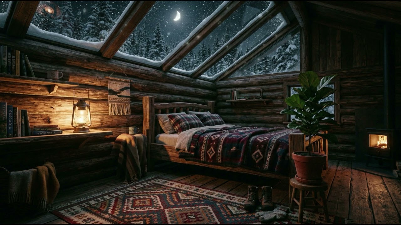 Silent Cabin for Deep Sleep – Warm Lantern Glow, Moonlit Calm & Quiet Winter Snow