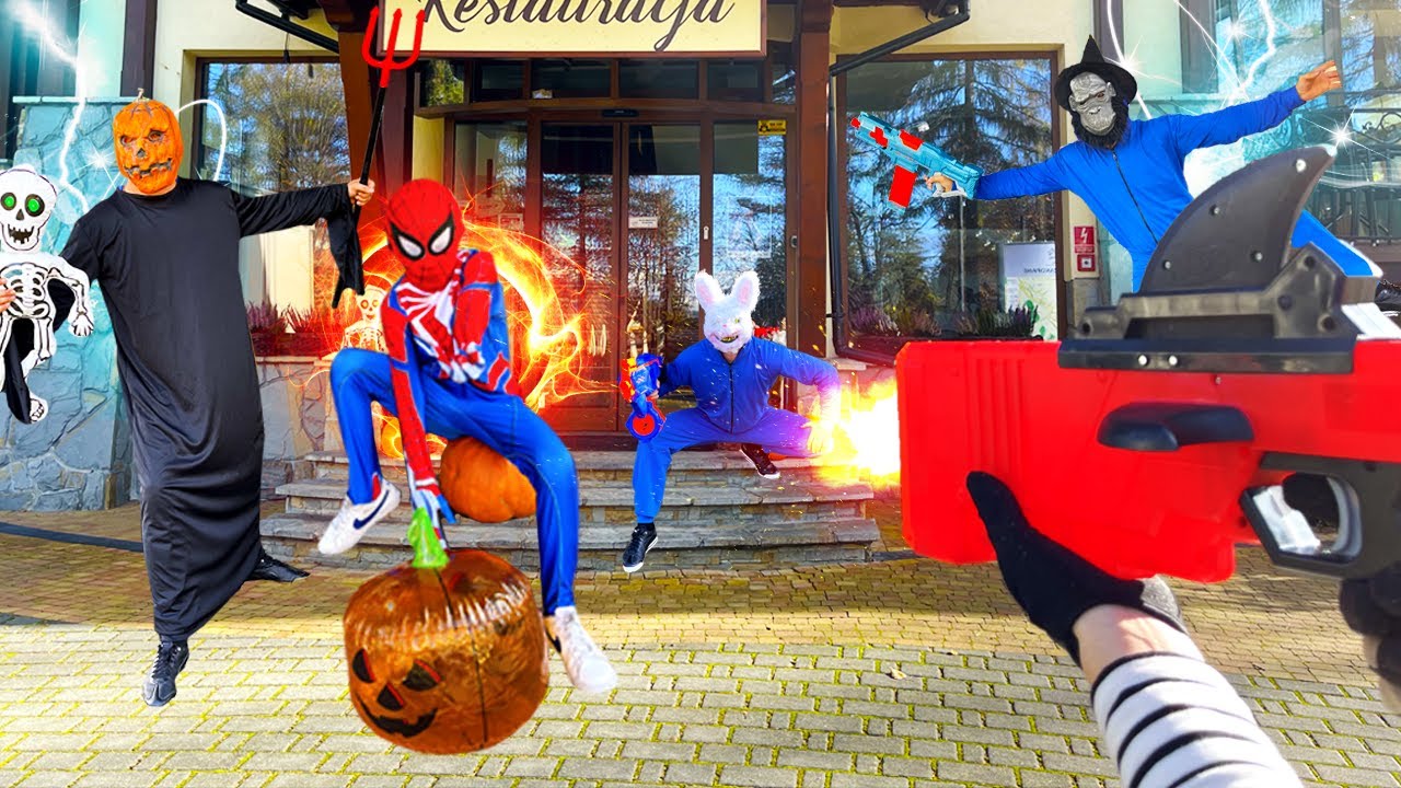 Nerf War / Spiderman in Halloween battle (Nerf First Person Shooter) / All Action story