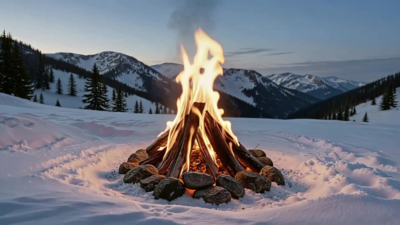 Winter Campfire in a Silent Valley – Snow & Deep Calm
