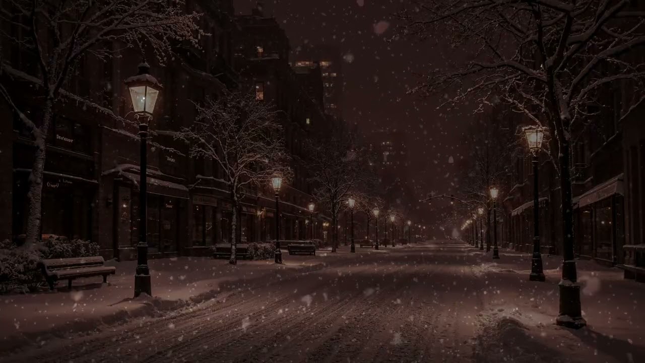 ( NO ADS )Winter midnight on the street,  falling snow sounds, white noise for sleep & relax 8 hours
