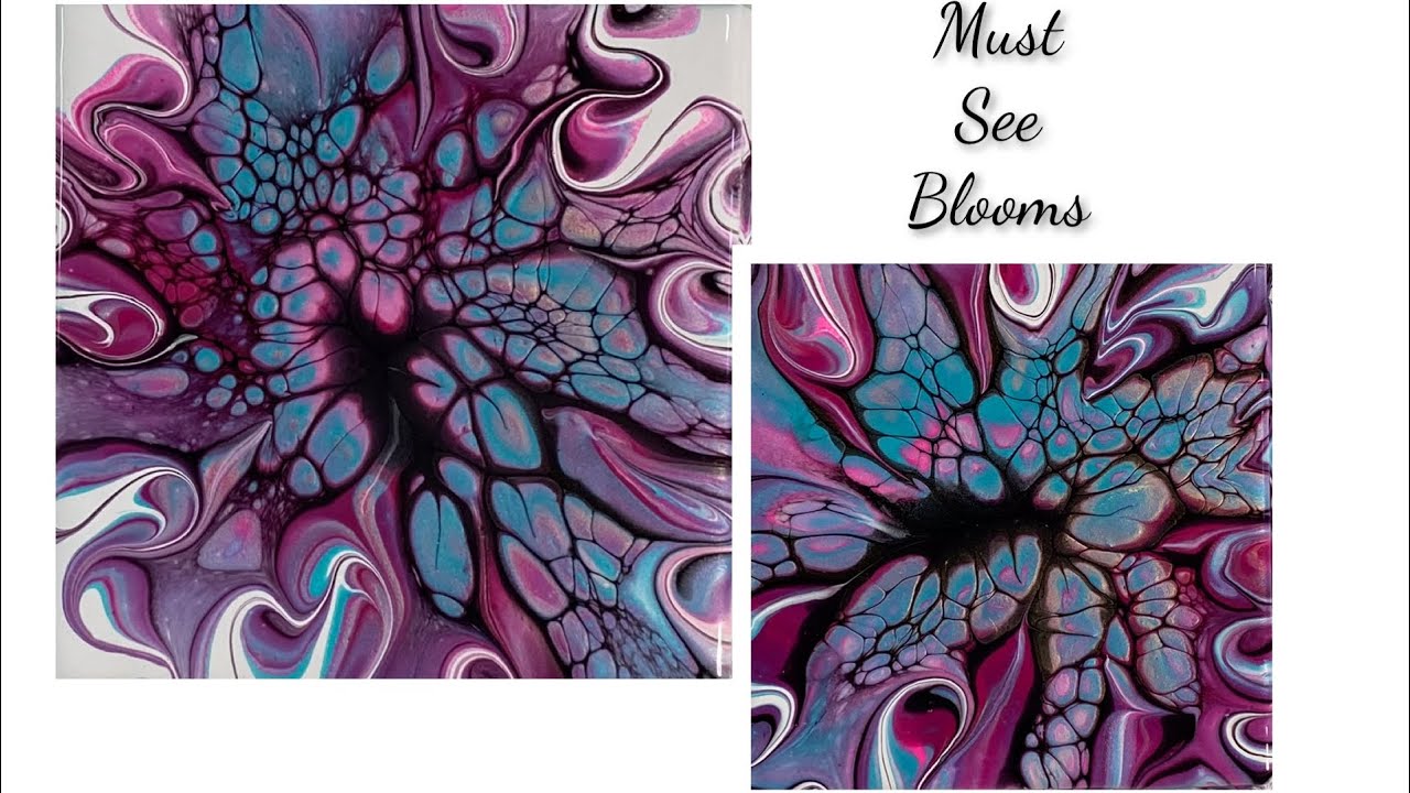 (1173) Modified Blooms on Tiles~Acrylic Paint Pouring💓💙