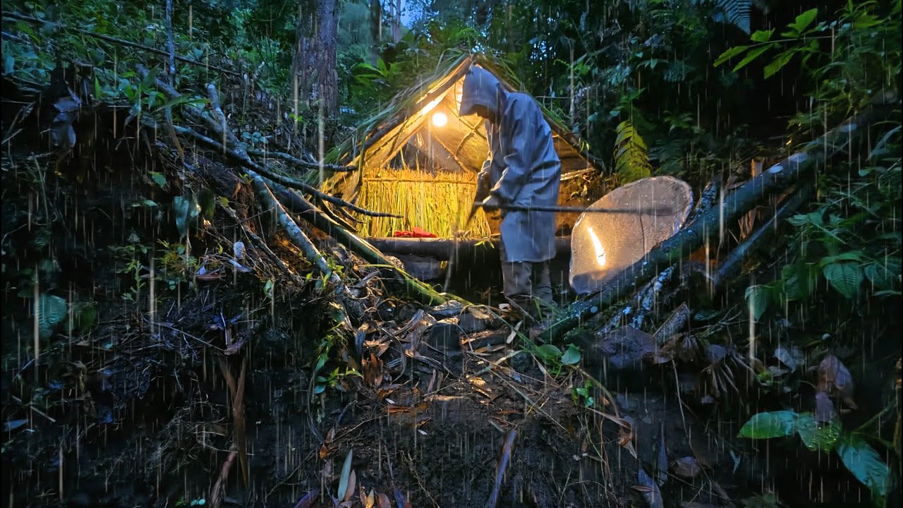 Building a Warm and Cozy Dugout for Survival. Rain Bushcraft, Log Shelter