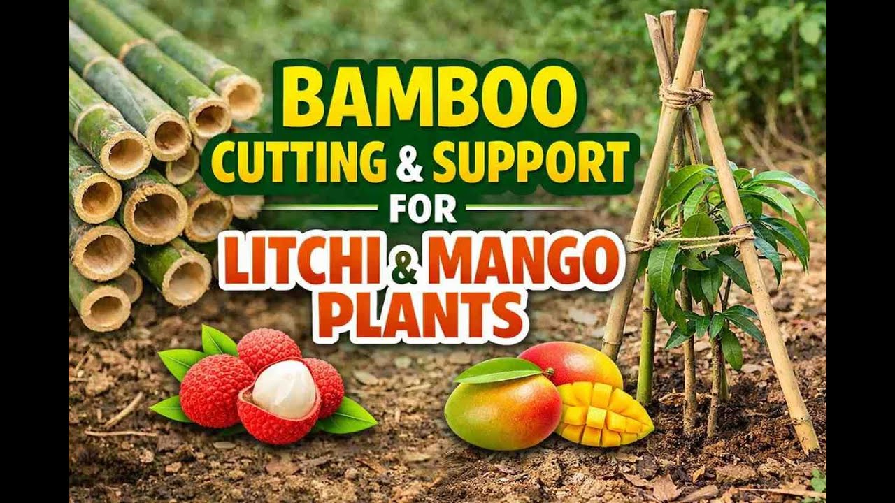 Bamboo Cutting for Supporting Young Litchi & Mango Plants | Tree Care & Farming