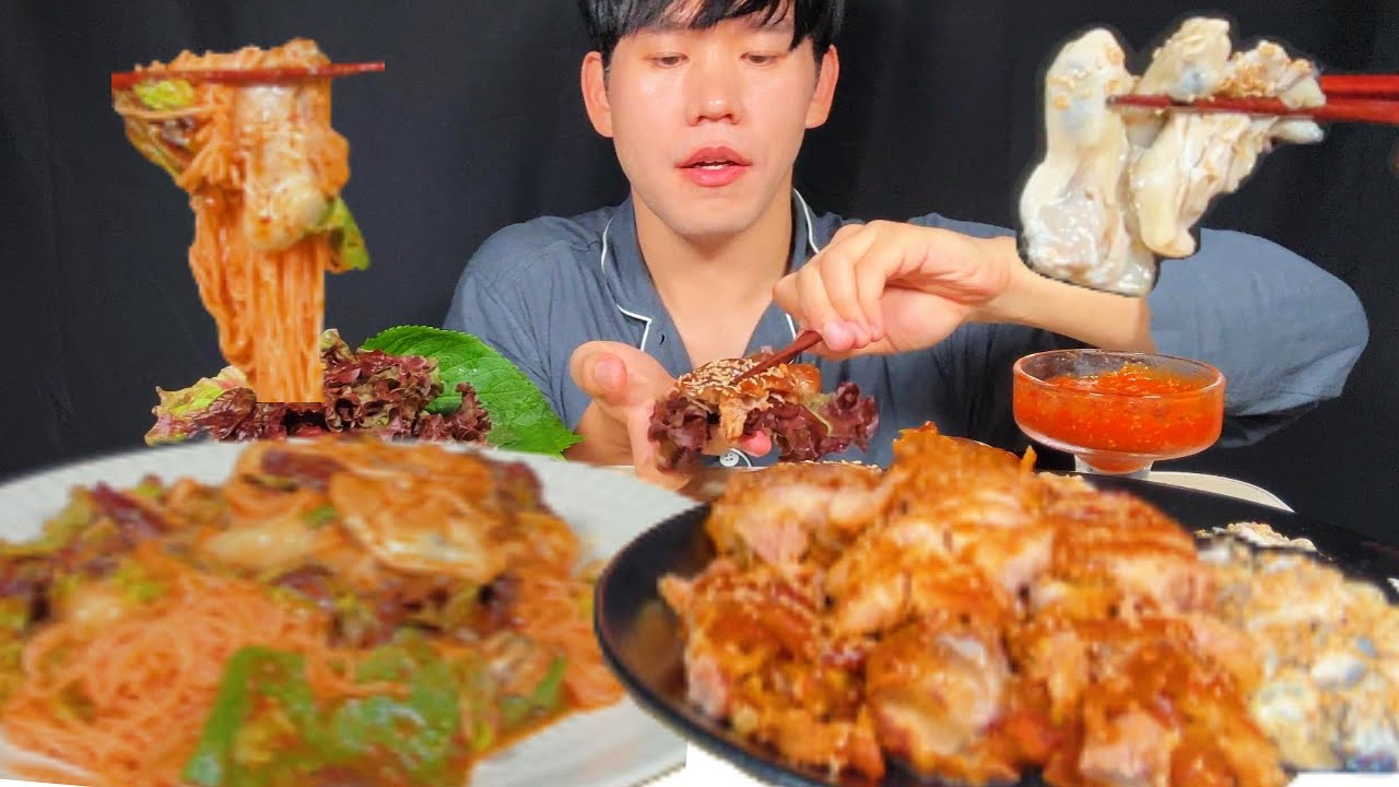 SUB) 드디어 굴 파티!! 굴 잔뜩 넣은 비빔국수, 생굴과 족발 먹방 ASMR MUKBANG