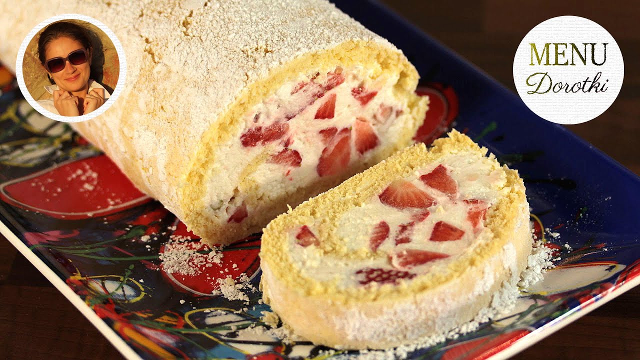 Doskonała rolada biszkoptowa z kremem śmietankowym z mascarpone i truskawkami. Przepis MENU Dorotki.