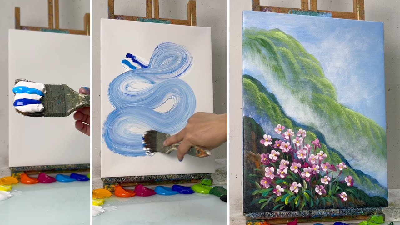 Misty Mountain & Wildflowers | Peaceful Acrylic Painting Tutorial