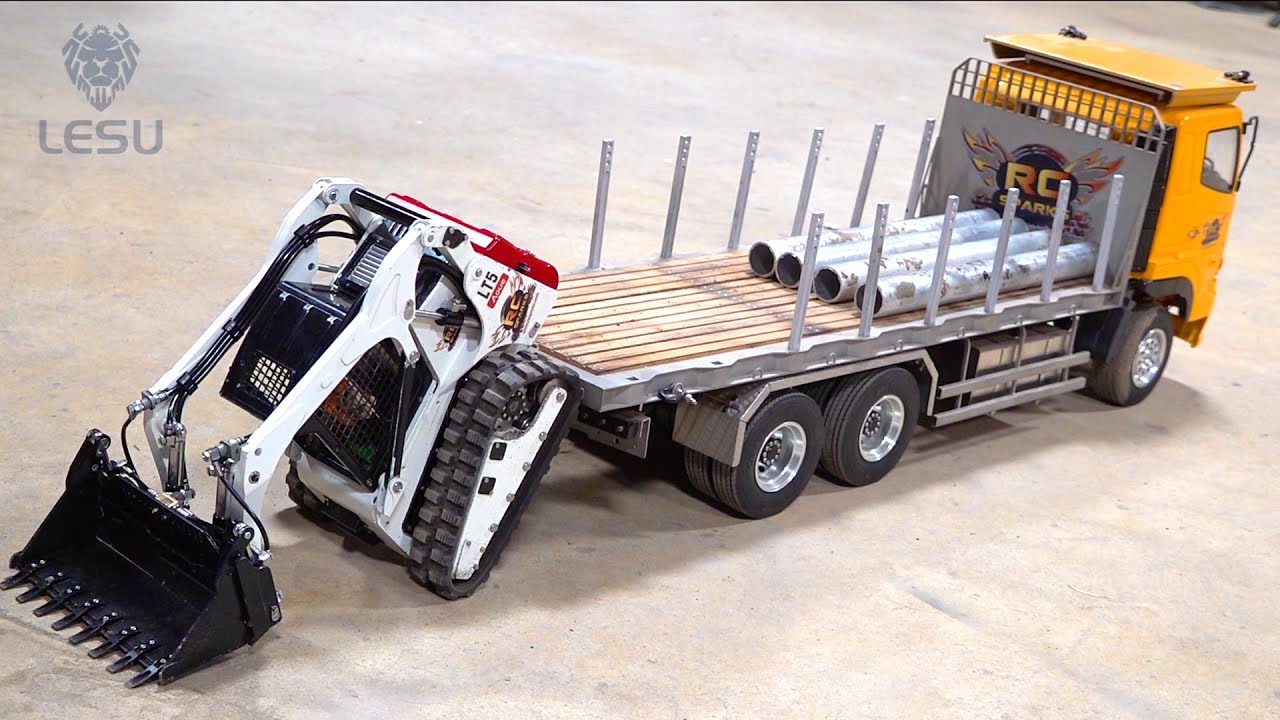 RC BOBCAT & CARGO LOADED w/o Ramps onto FLAT DECK - LESU LT5 TRACKED SKiD STEER | RC ADVENTURES