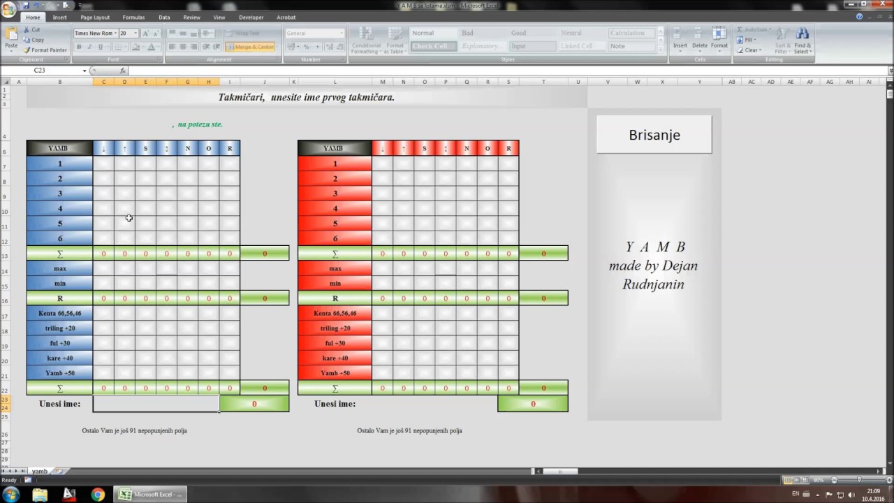 Listići za YAMB - Excel
