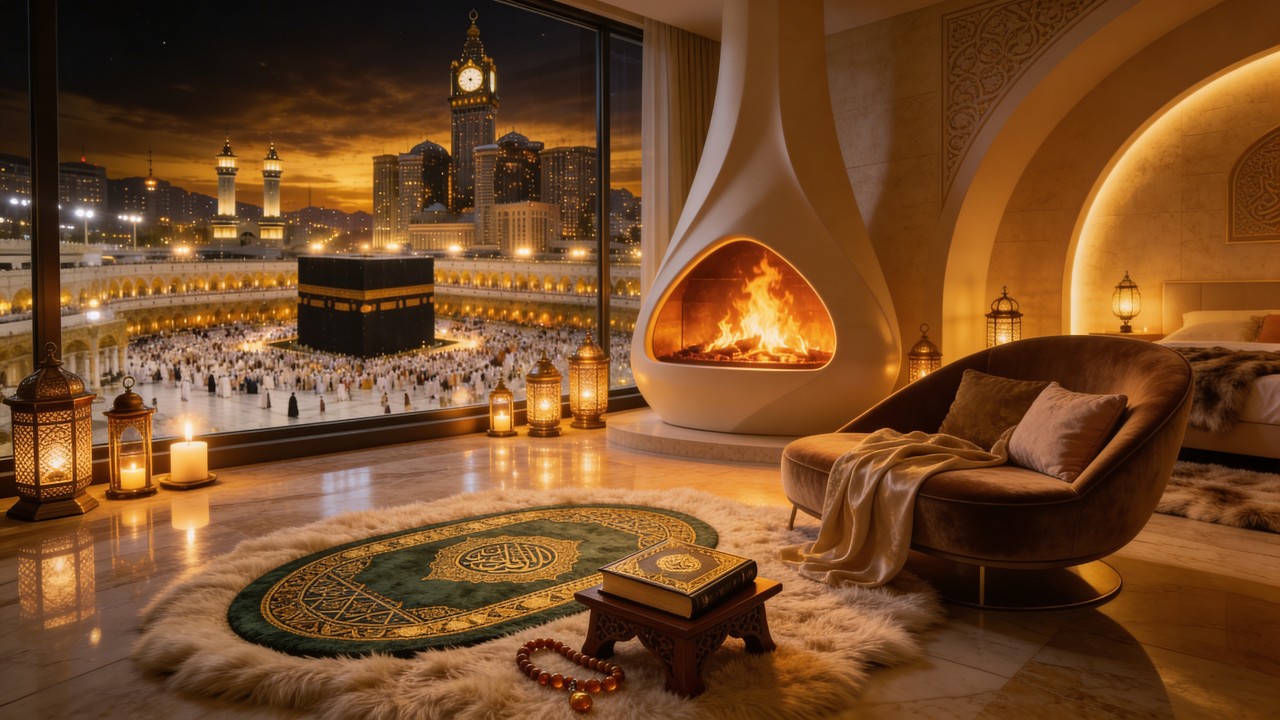 Kaaba Mecca Night View 🕌 Cozy Fireplace & Islamic Ambience 4K TV Screensaver (No Music)